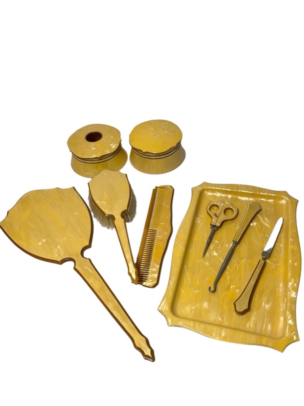 Vintage AUSCO Vanity Set
Yellow Celluloid 
Mirror, Brush, Comb, Tray & Tools